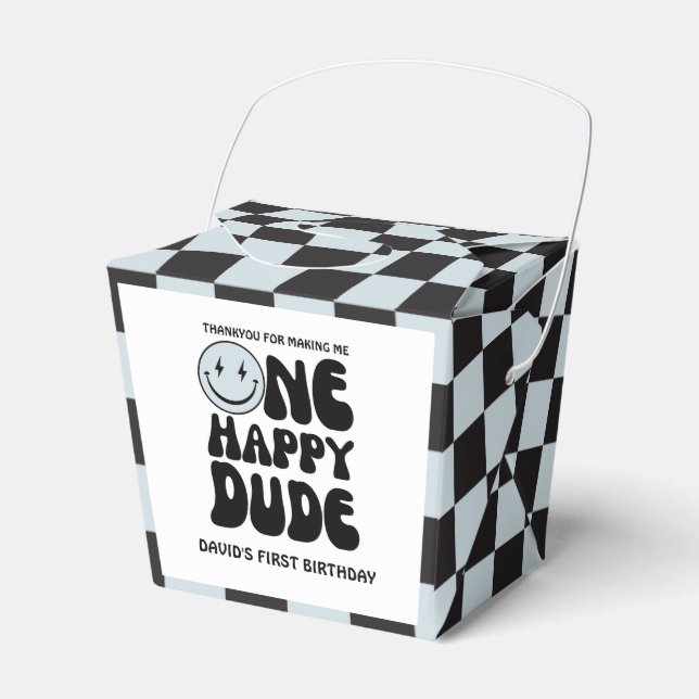 One Happy Dude Blue Happy Face Boy First Birthday Favour Box (Front Side)