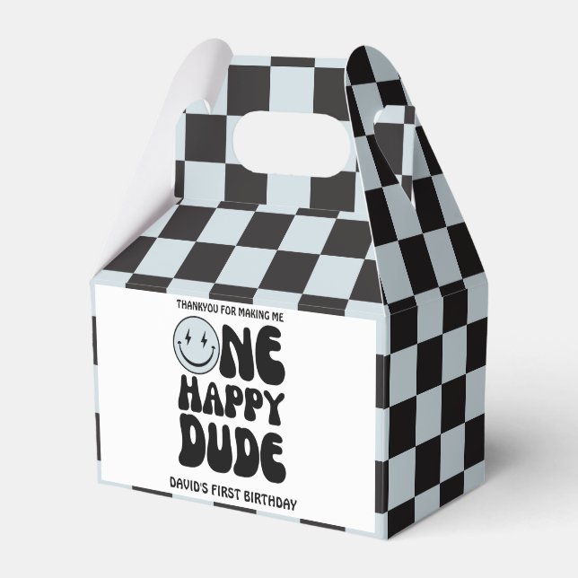 One Happy Dude Blue Happy Face Boy First Birthday Favour Box (Front Side)