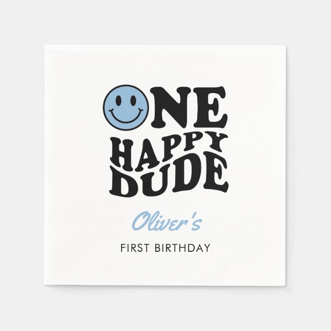 One Happy Dude Blue Retro Happy Face 1st Birthday  Napkin (Front)