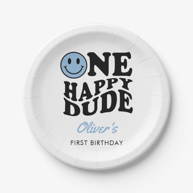 One Happy Dude Blue Retro Happy Face 1st Birthday  Paper Plate (Front)