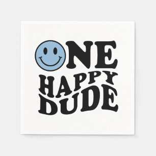 One Happy Dude   Blue Retro Preppy Smile Birthday Napkin