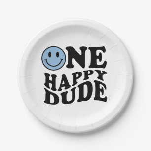 One Happy Dude   Blue Retro Preppy Smile Birthday  Paper Plate