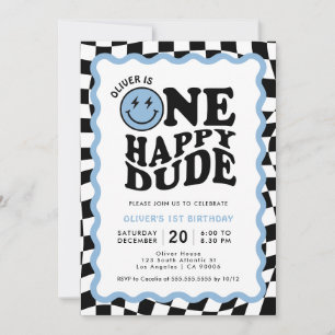 One Happy Dude   Blue Smile Face Boy 1st Birthday Invitation