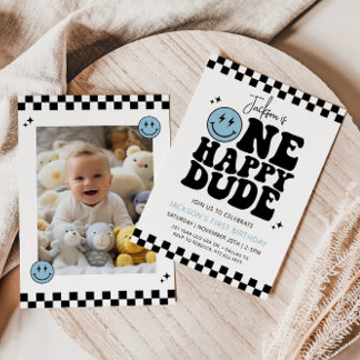 ONE HAPPY DUDE Blue Smile Face First Birthday Invitation
