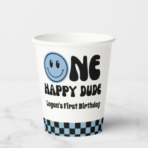 One Happy Dude Boy 1st Birthday Blue Smiley Face  Paper Cups