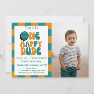  One Happy Dude Boy 1st Birthday Photo  Invitation