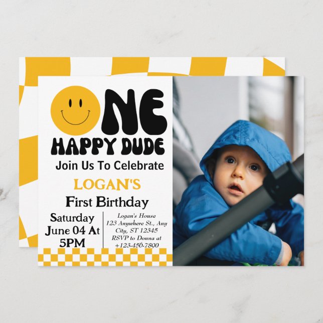 One Happy Dude Boy 1st Birthday Photo Invitation (Front/Back)