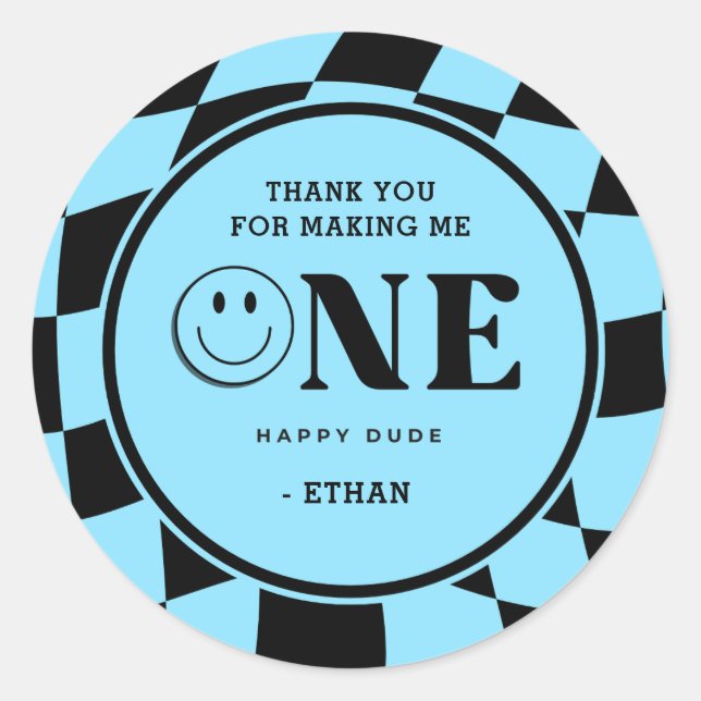 One Happy Dude Boy Blue 1st Birthday Thank You Classic Round Sticker (Front)