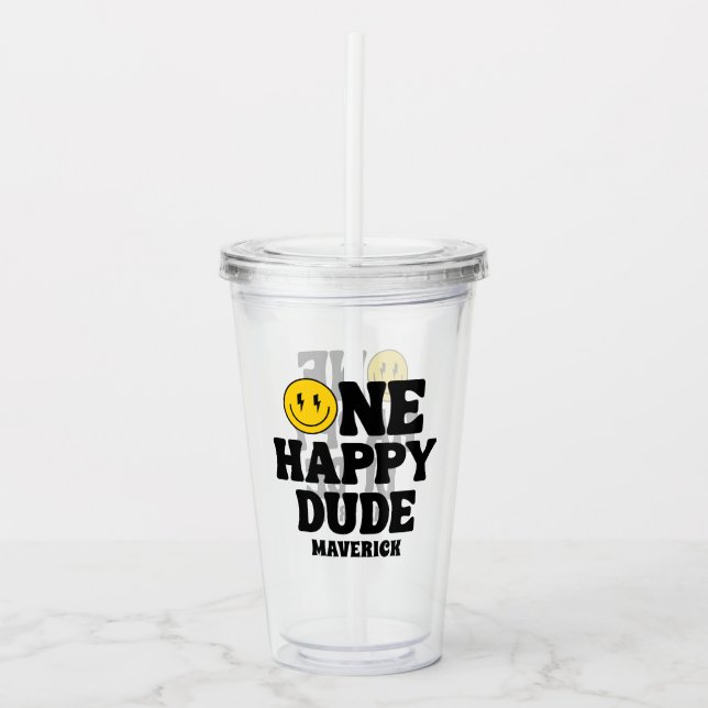 One Happy Dude Boy's Retro 1st Birthday  Acrylic Tumbler (Front)