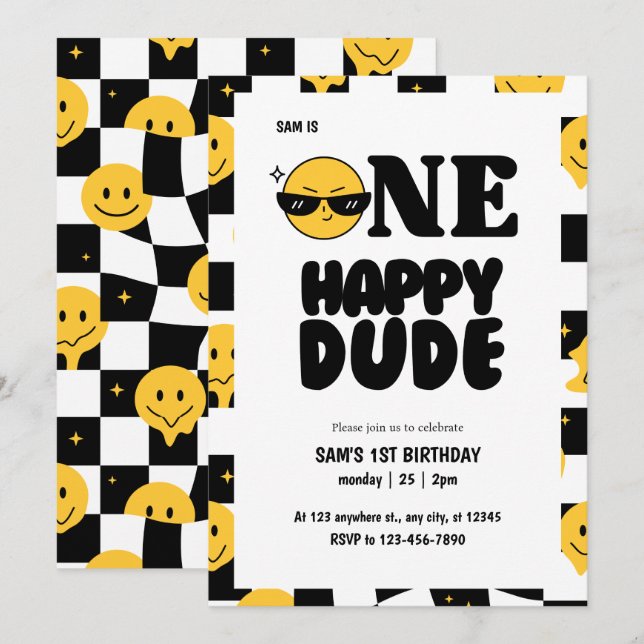 One happy dude chequered happy emoji 1st birthday  invitation (Front/Back)