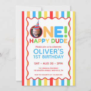 One Happy Dude Colourful 1st Birthday Photo Invitation