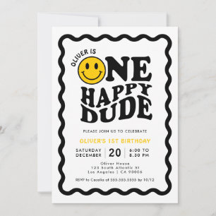 One Happy Dude Cute Happy Face Boy 1st Birthday Invitation