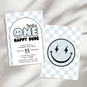 One Happy Dude Groovy Blue Boy Birthday Invitation