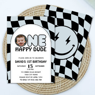 One Happy Dude Groovy Boy Photo Birthday Invitation