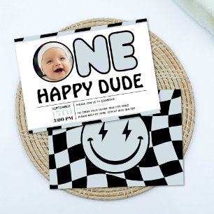 One Happy Dude Groovy Chequered Boy Birthday Photo Invitation