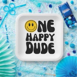 One Happy Dude Groovy Happy Face Boy Birthday Paper Plate