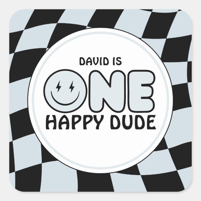 One Happy Dude Groovy Happy Face Boy Birthday Square Sticker (Front)