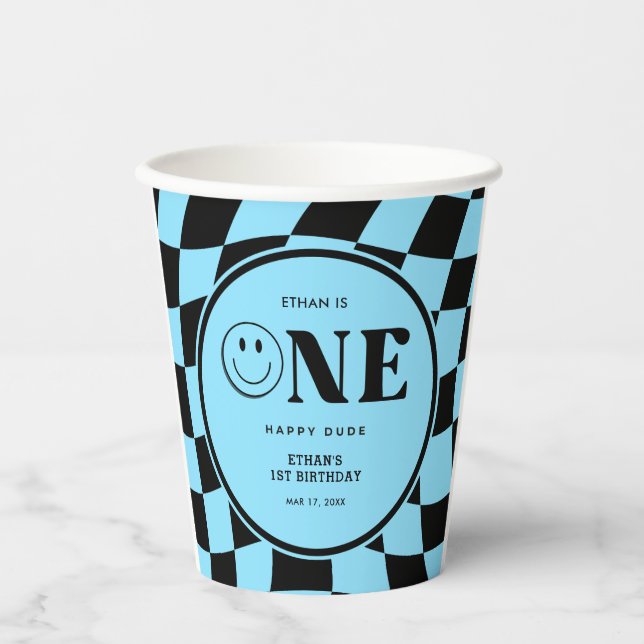One Happy Dude Happy Face Blue Boy 1st Birthday  Paper Cups (Front)