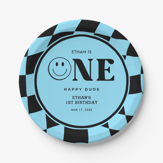 One Happy Dude Happy Face Blue Boy 1st Birthday  Paper Plate (Front)