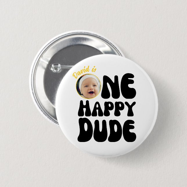 One Happy Dude Happy Face Boy Photo 1st Birthday  6 Cm Round Badge (Front & Back)