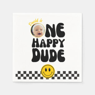 One Happy Dude Happy Face Boy Photo 1st Birthday  Napkin