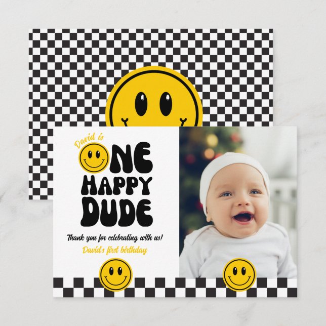 One Happy Dude Happy Face Photo Birthday Thank You Card (Front/Back)