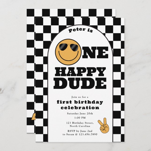One Happy Dude Invite 1st First Birthday Cute Boy (Front/Back)