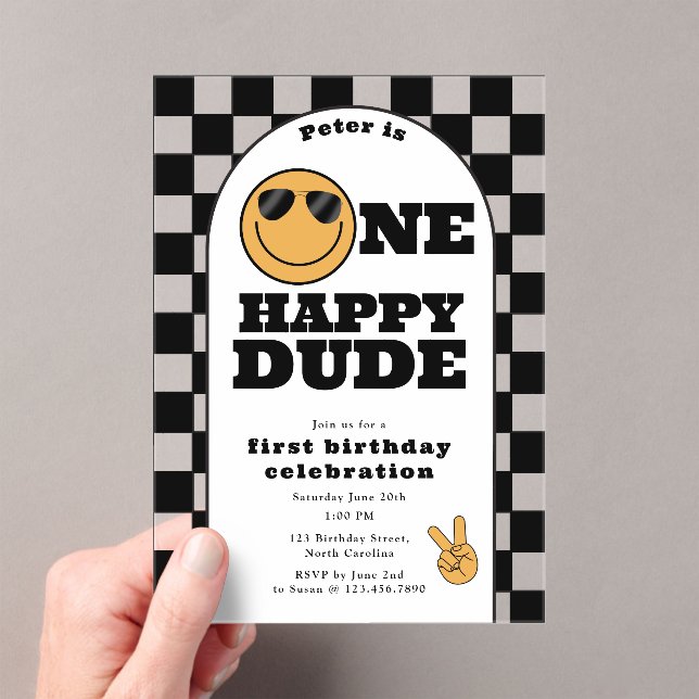 One Happy Dude Invite 1st First Birthday Cute Boy Acrylic Invitations (Insitu (Handheld))