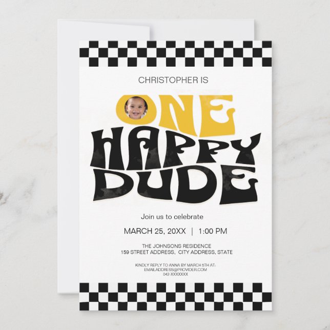 One Happy Dude Modern Checkerboard First Birthday Invitation (Front)