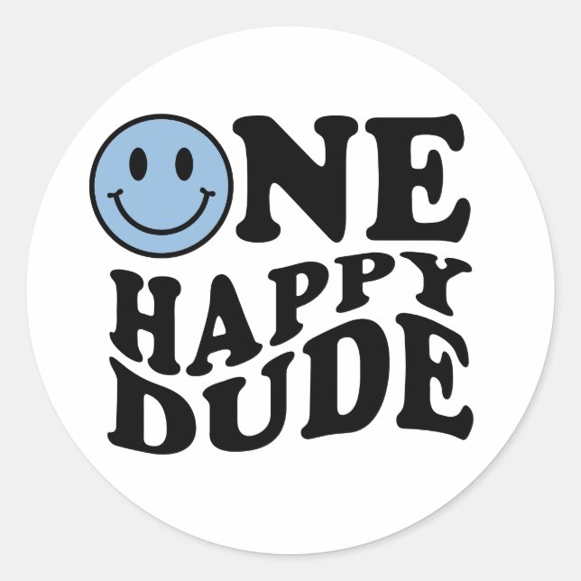 One Happy Dude Retro Blue Smile Face 1st Birthday  Classic Round Sticker (Front)