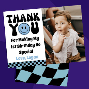 One Happy Dude Retro Boy 1st Birthday Party Photo  Thank You Card