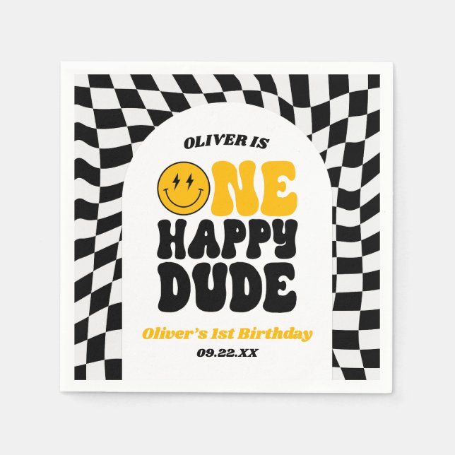 One Happy Dude Retro First 1st Birthday Party Napkin (Front)