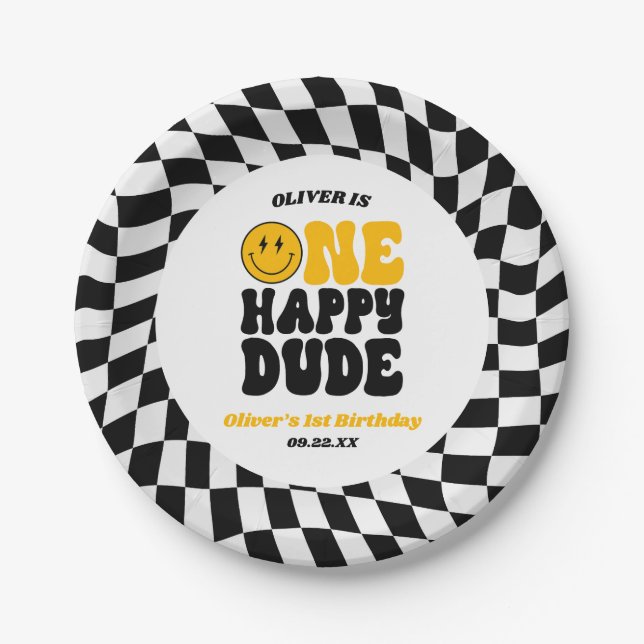 One Happy Dude Retro First 1st Birthday Party Paper Plate (Front)