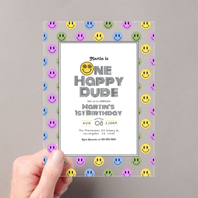 "One Happy Dude!" Retro Smile Face 1st Birthday Acrylic Invitations (Insitu (Handheld))