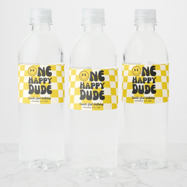 One Happy Dude Smile Face Birthday Water Bottle Label (Bottles)