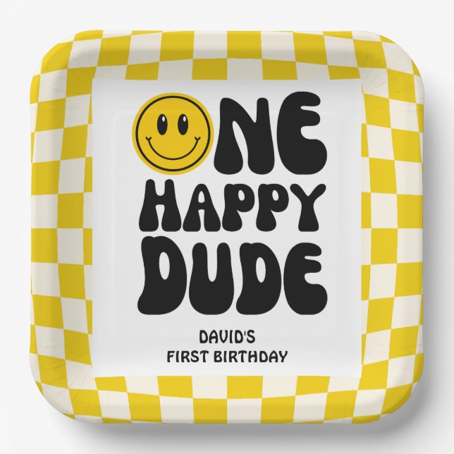 One Happy Dude Smile Face Boy First Birthday  Paper Plate (Front)