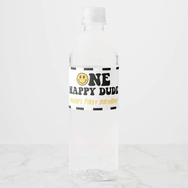 One Happy Dude Smile Face Boy First Birthday  Water Bottle Label (Front)