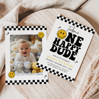 ONE HAPPY DUDE Smile Face First Birthday Invitation