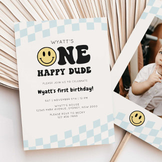 One Happy Dude Smiley Chequered 1st Birthday Invitation