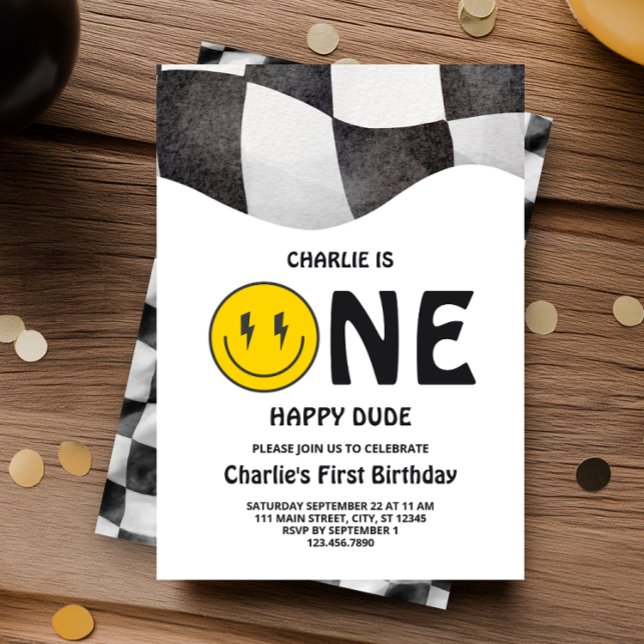 One Happy Dude Smiley Face First Birthday Party  Invitation (Creator Uploaded)