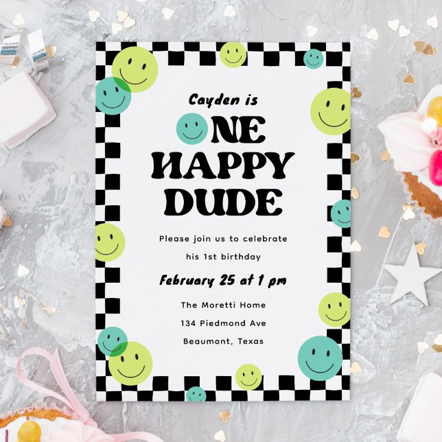 One Happy Dude Smiling Face 1st Birthday Party Invitation ("One happy dude" 1st birthday party invitation with smiling faces)