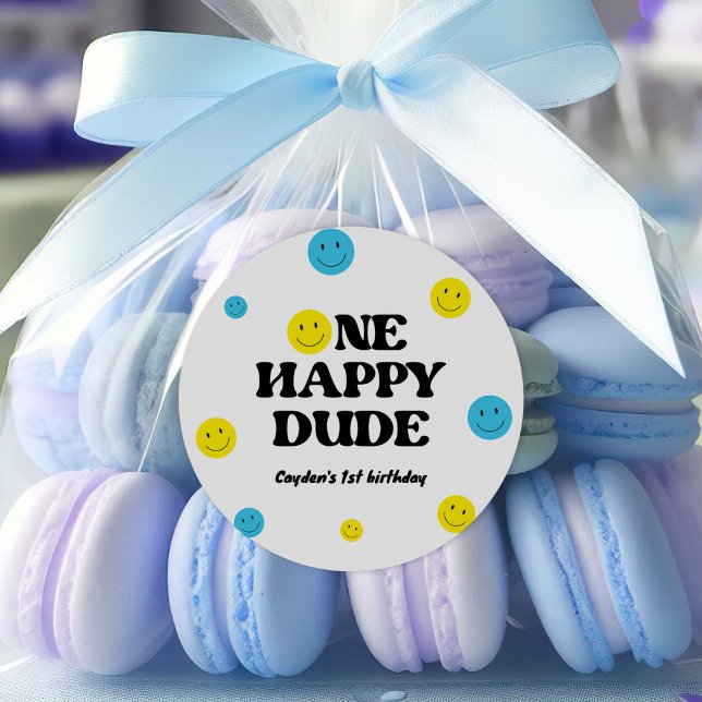 One Happy Dude Smiling Face Birthday Party Classic Round Sticker (one happy dude birthday party stickers)