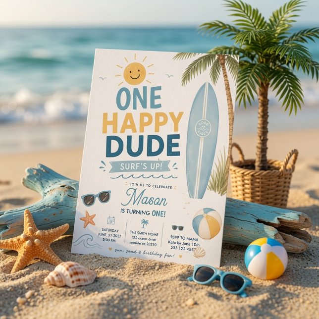 One Happy Dude Surf Birthday Beach Boy Invitation (Creator Uploaded)
