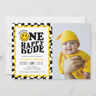 One Happy Dude Wavy Happy Boy 1st Birthday Photo Invitation