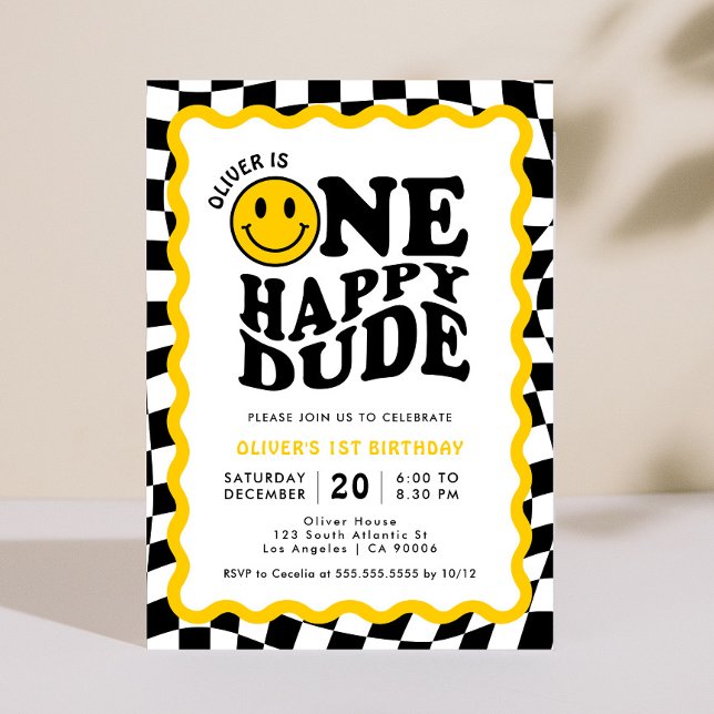 One Happy Dude | Wavy Happy Face Boy 1st Birthday Invitation (Creator Uploaded)