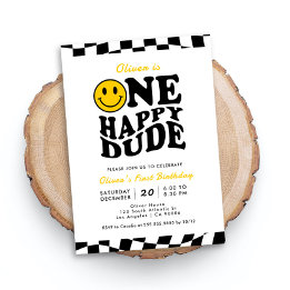 One Happy Dude Wavy Preppy Smile Boy 1st Birthday Invitation