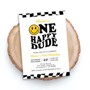 One Happy Dude Wavy Preppy Smile Boy 1st Birthday Invitation
