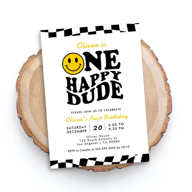 One Happy Dude Wavy Preppy Smile Boy 1st Birthday Invitation (Creator Uploaded)