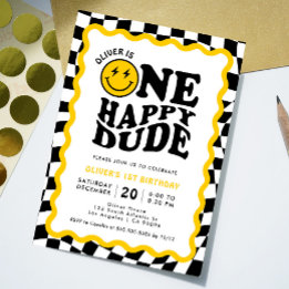 One Happy Dude | Wavy Smile Face Boy 1st Birthday Invitation