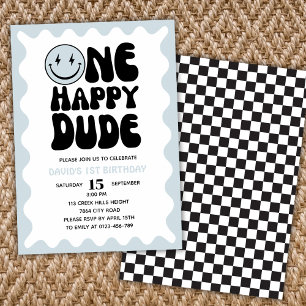 One Happy Dude Wavy Squiggly Retro First Birthday  Invitation